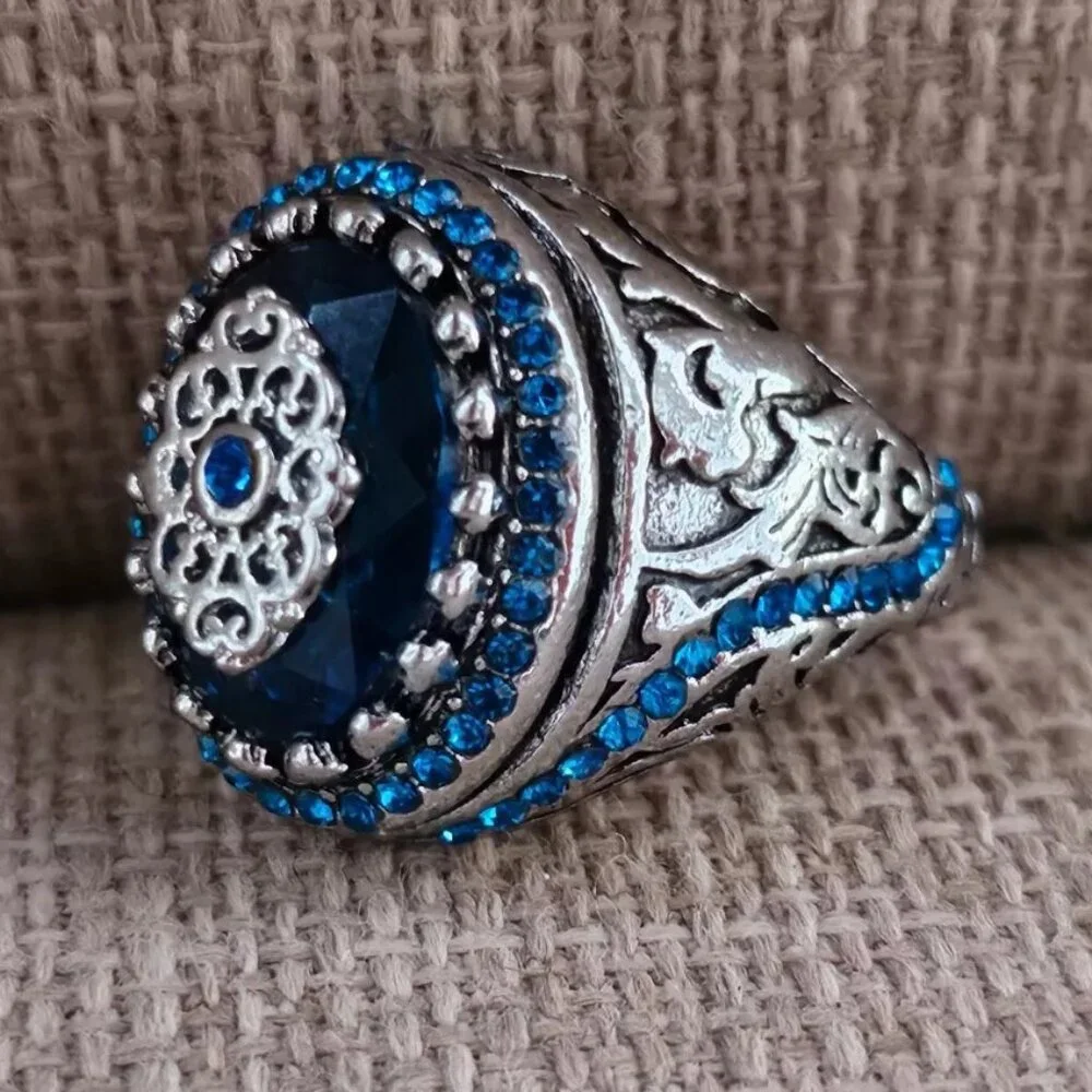 Men Ring Blue Crystals Accent Turkish Style Ring Fashion Jewelry Size